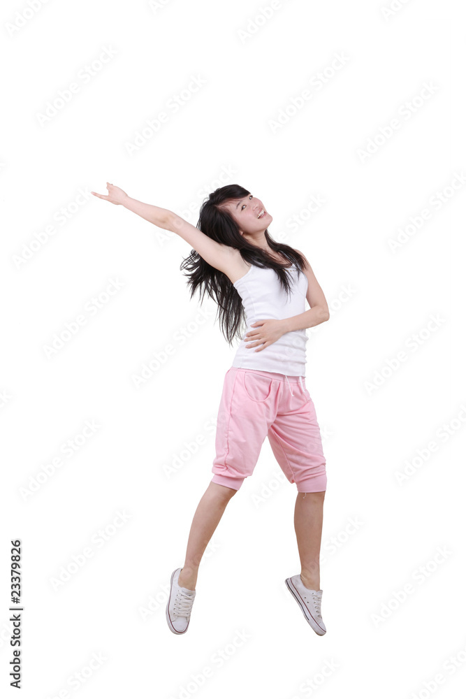 Girl jumping isolated on white background .