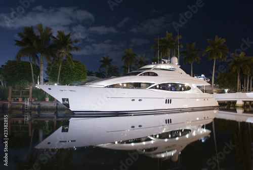 night shot of luxury yacht docked by the house in canal palm trees and moon light © goldenbergk