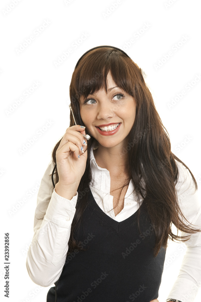 smiling woman in headphones on a white background smiling woman in headphones on a white background