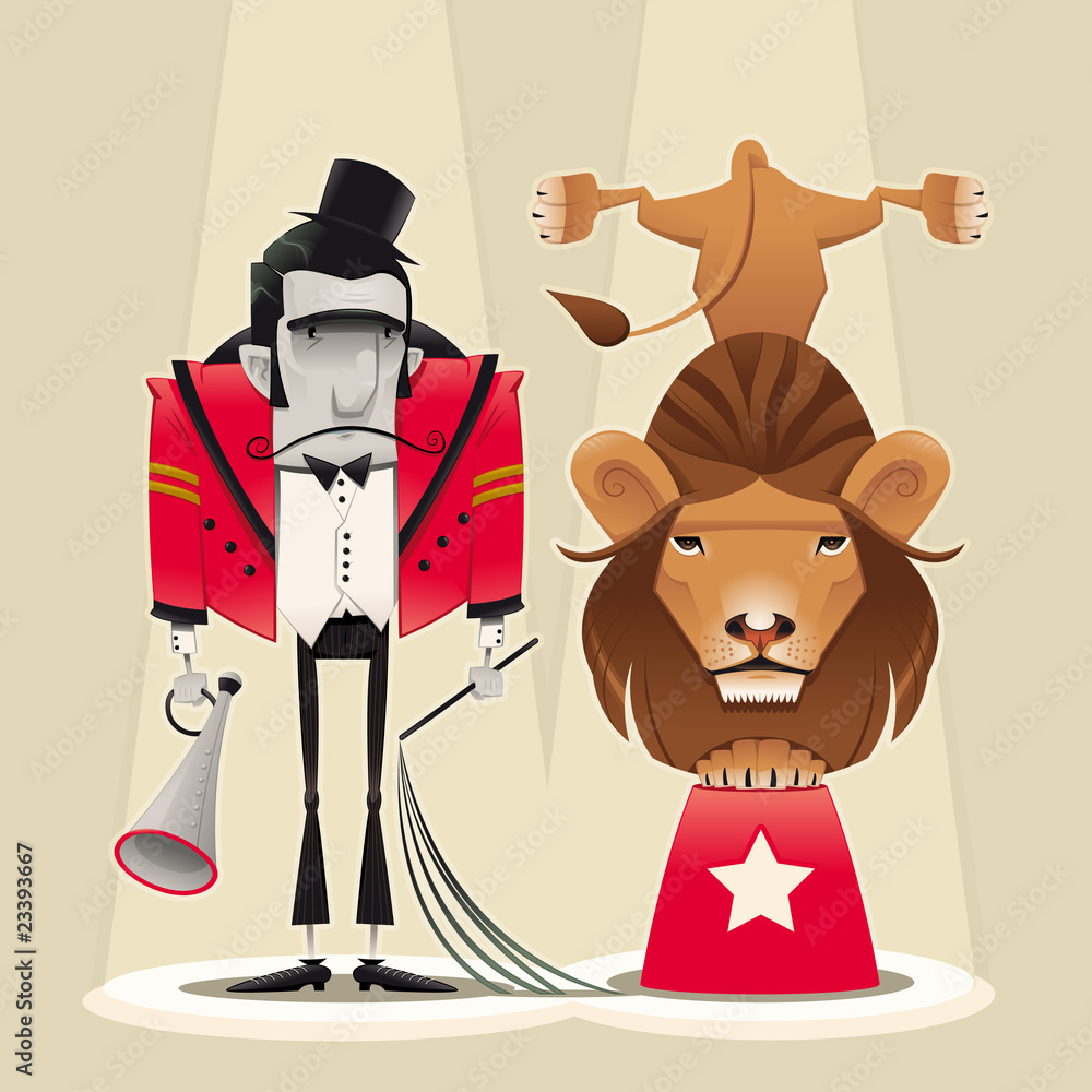 Lion Tamer with lion. Cartoon and vector circus illustration. Stock Vector  | Adobe Stock