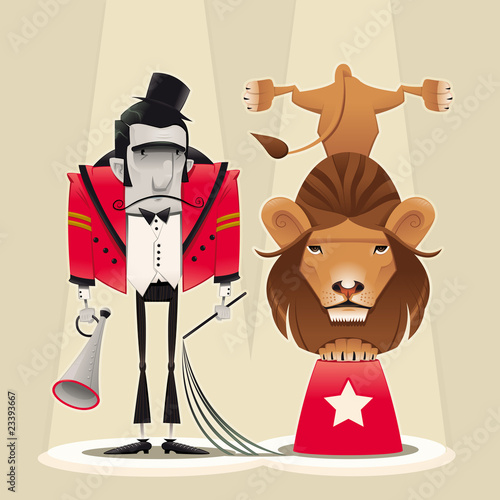 Lion Tamer with lion. Cartoon and vector circus illustration.