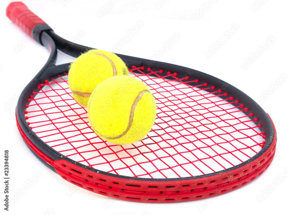 Worn tennis racket with two balls