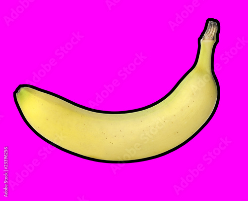 Banana isolated on pink background with black stroke.