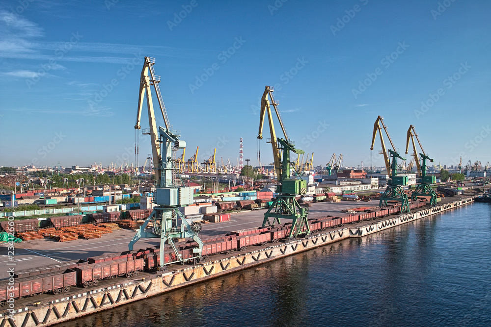 Cranes and freight trains in harbor
