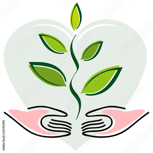 Icone Mains et Plante sur Fond Coeur