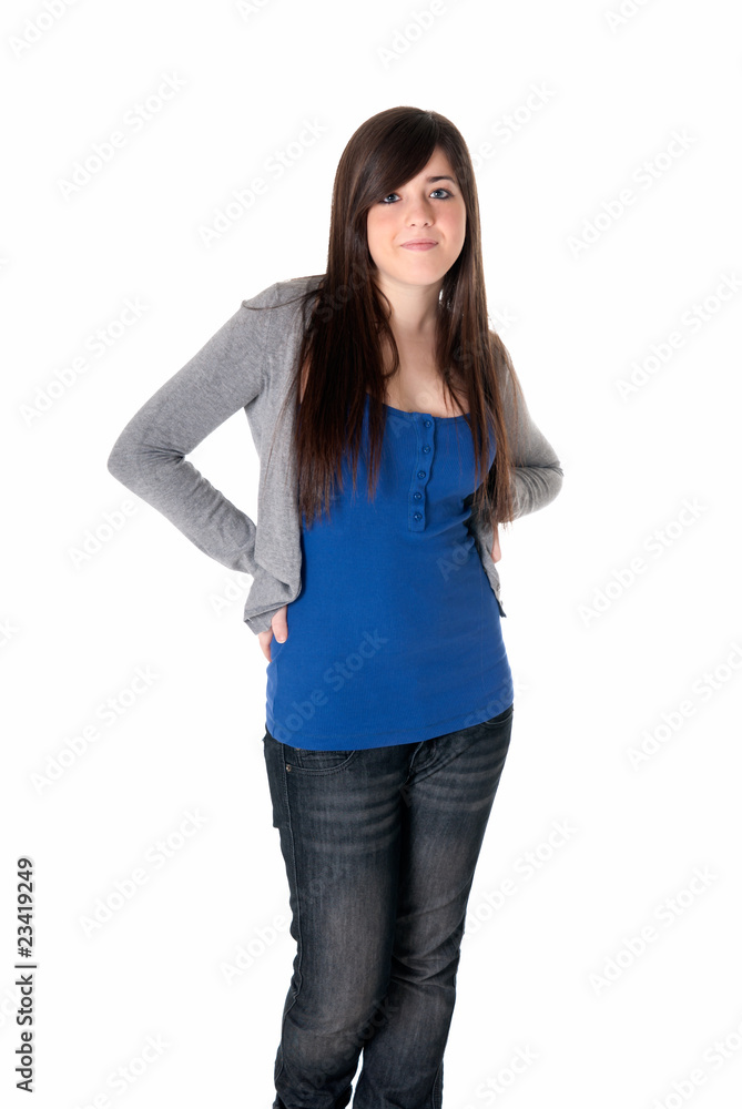 Young female cheerful with arms crossed isolated on white Young female cheerful with arms crossed isolated on white