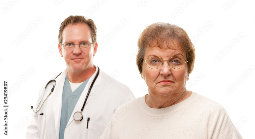 Concerned Senior Woman with Doctor Behind. Concerned Senior Woman with Doctor Behind.