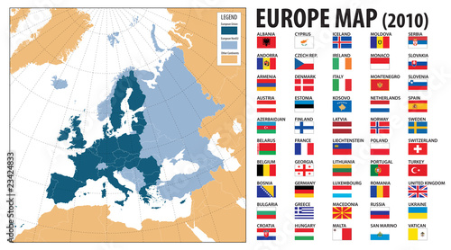 Europe map and flags, including Turkey and Kosovo