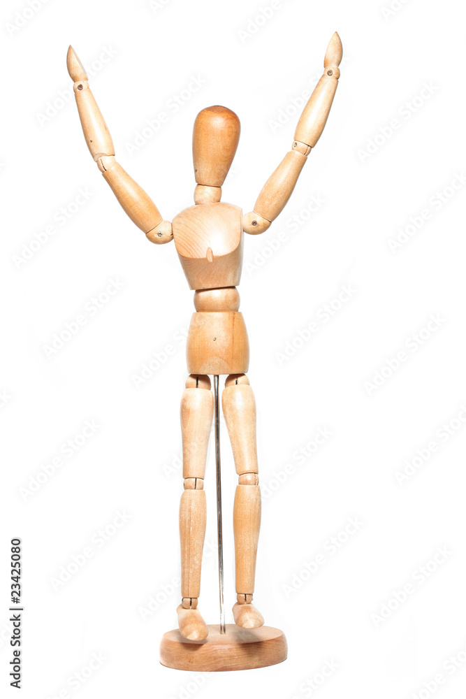 happy wooden dummy figure isolated