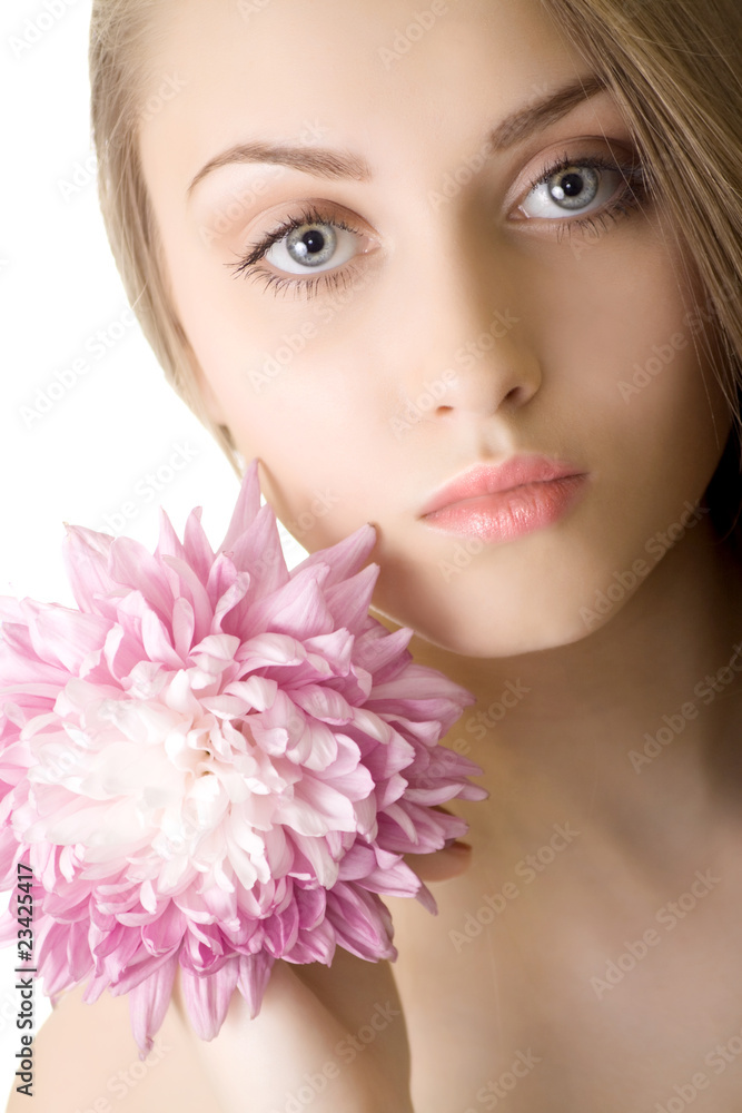 Portrait Beautiful woman with flower isolated Portrait Beautiful woman with flower isolated