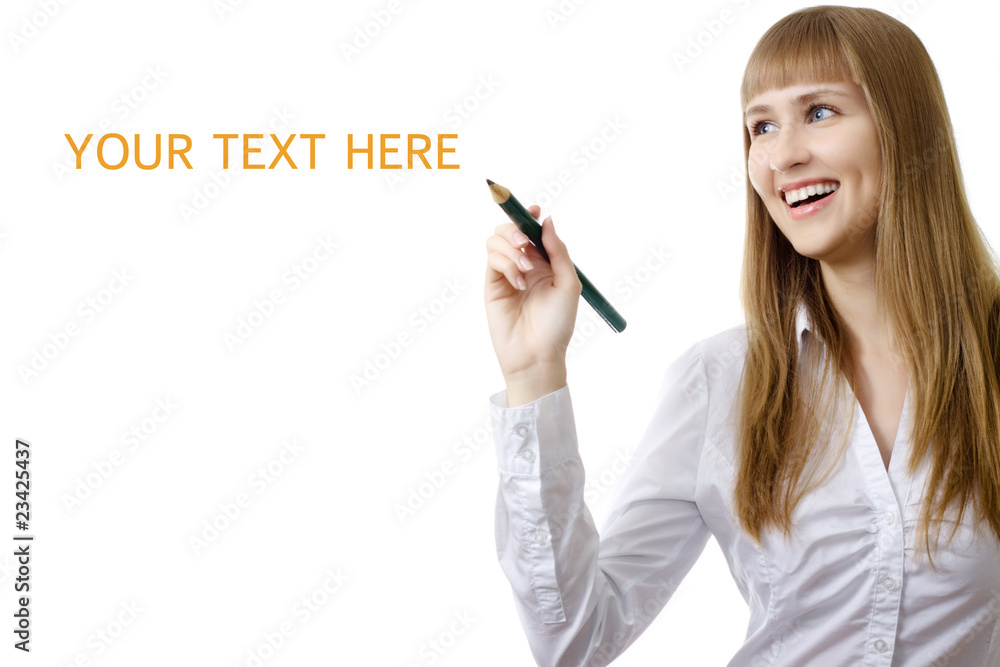 young businesswoman writing any word on a copy space isolated young businesswoman writing any word on a copy space isolated