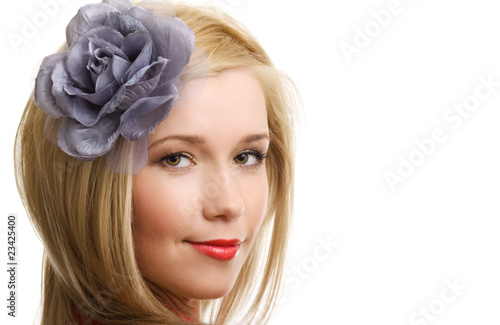 blonde woman with flower close up portrait on white background