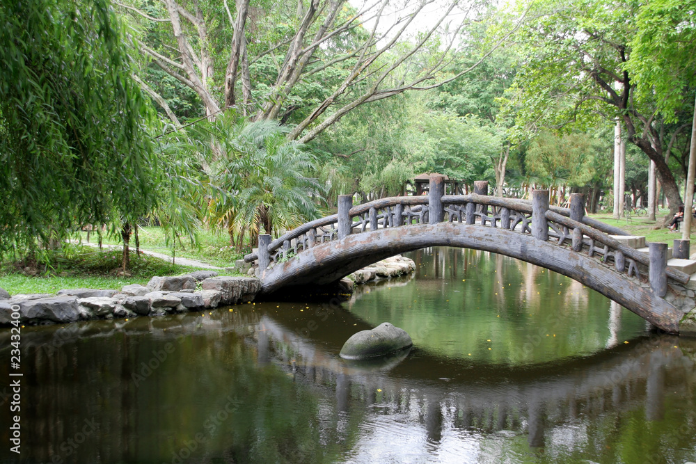 Arched bridge in an Asian garden