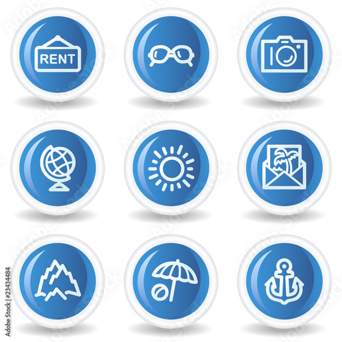 Travel web icons set 5, blue glossy circle buttons