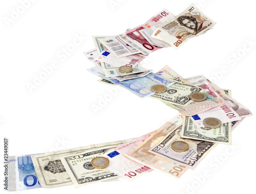 Pathway of different money currency isolated with clipping path