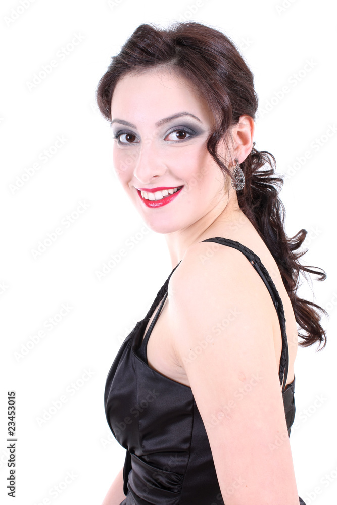 portrait of a brunette with red lips smiling portrait of a brunette with red lips smiling