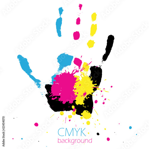 Hand with CMYK ink splashes