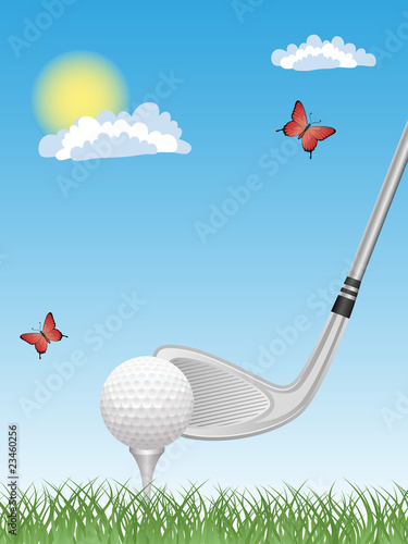 Sport background with a putter and a golf ball.