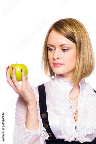 portrait of happy healthy woman holding apple