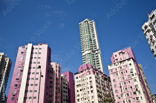 facade of houses downtown Kowloon with appartments