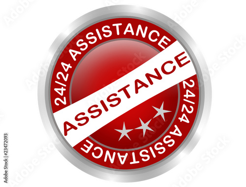 bouton rond assistance 24-24 sur fond rouge