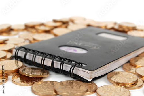 coins and notebook