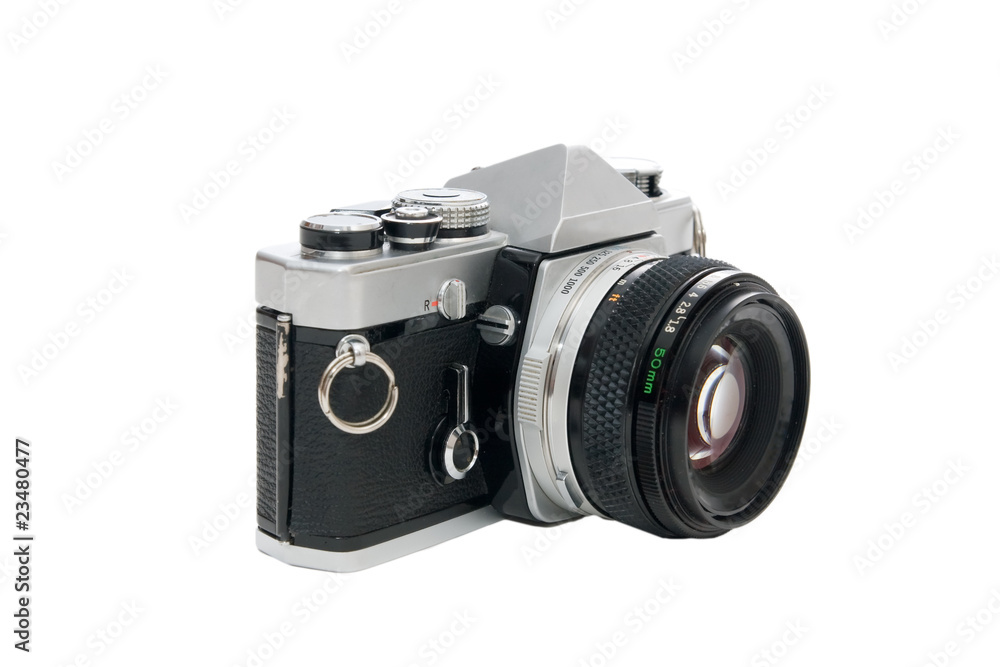Fototapeta premium Old single lens reflax camera isolated on white background
