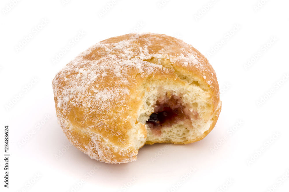 jam doughnut witha bite missing over white jam doughnut witha bite missing over white