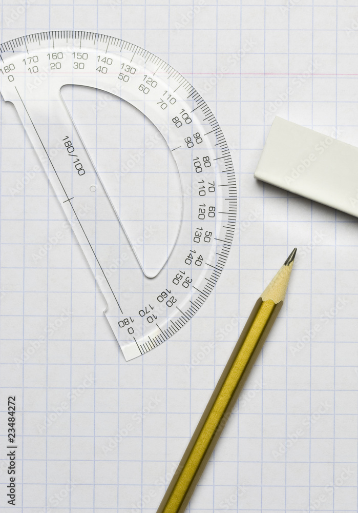 A pencil, an eraser and a ruler A pencil, an eraser and a ruler