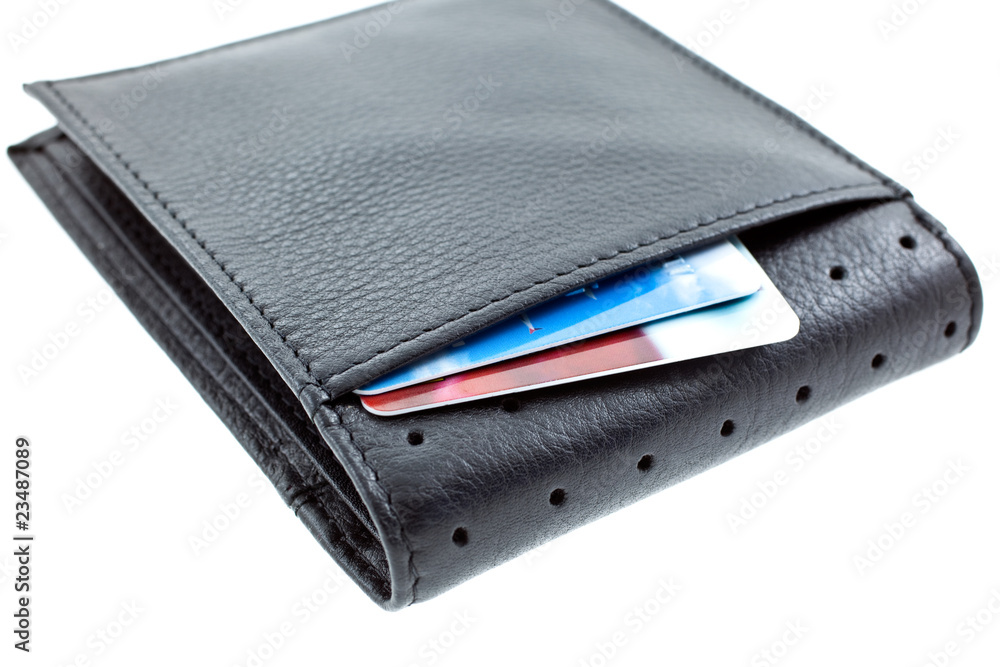 plastic cards in a black leather wallet plastic cards in a black leather wallet
