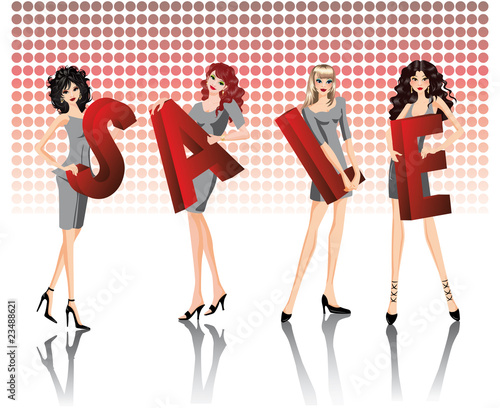 Four girls keep red letters of a word SALE. vector