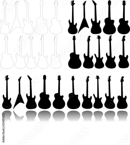 Eine Gruppe von 3 mal 10 gestellten E-Gitarren mit Spiegelung