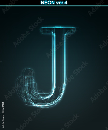 Glowing neon font. Shiny letter J photo