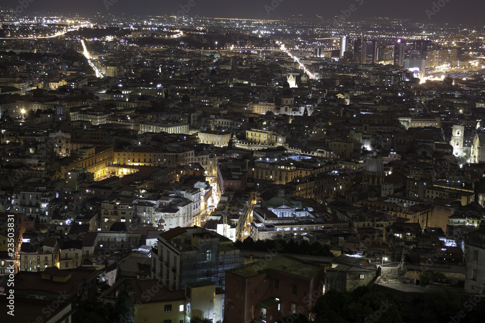Panorama of Naples at night seen from Montesanto Hill, Italy