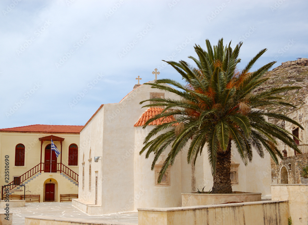 Orthodox Church and palm tree, Crete, Greece