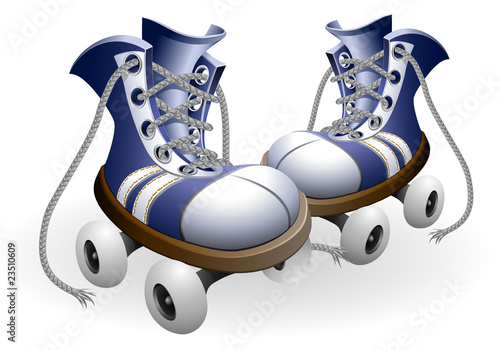 blue roller skates with untied lace