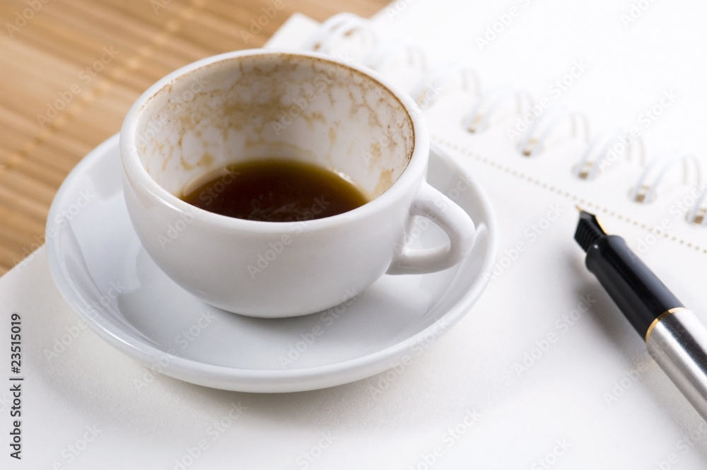 no concept. blank page, empty cup of coffe, pen no concept. blank page, empty cup of coffe, pen