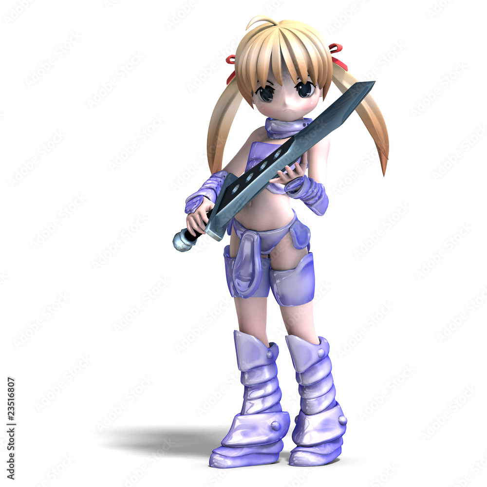 female manga paladin with huge sword. 3D rendering with clipping female manga paladin with huge sword. 3D rendering with clipping