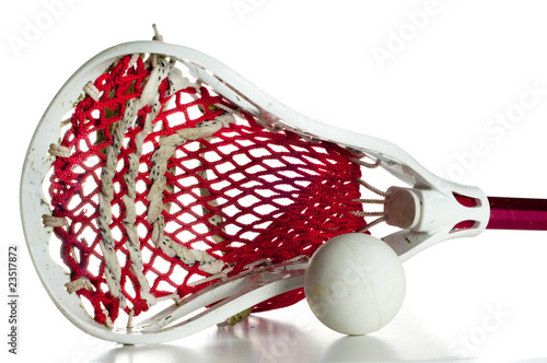 White Lacrosse Head with Red Meshing and Grey Ball