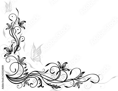 Ranke, floral, filigran, Blumen, Blätter, grau, schwarz