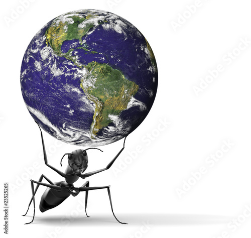 small ant lifting heavy blue earth photo