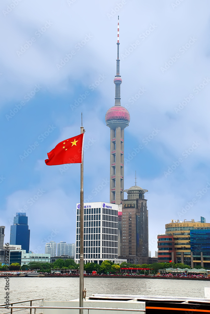 Fototapeta premium Chinese flag and tv tower