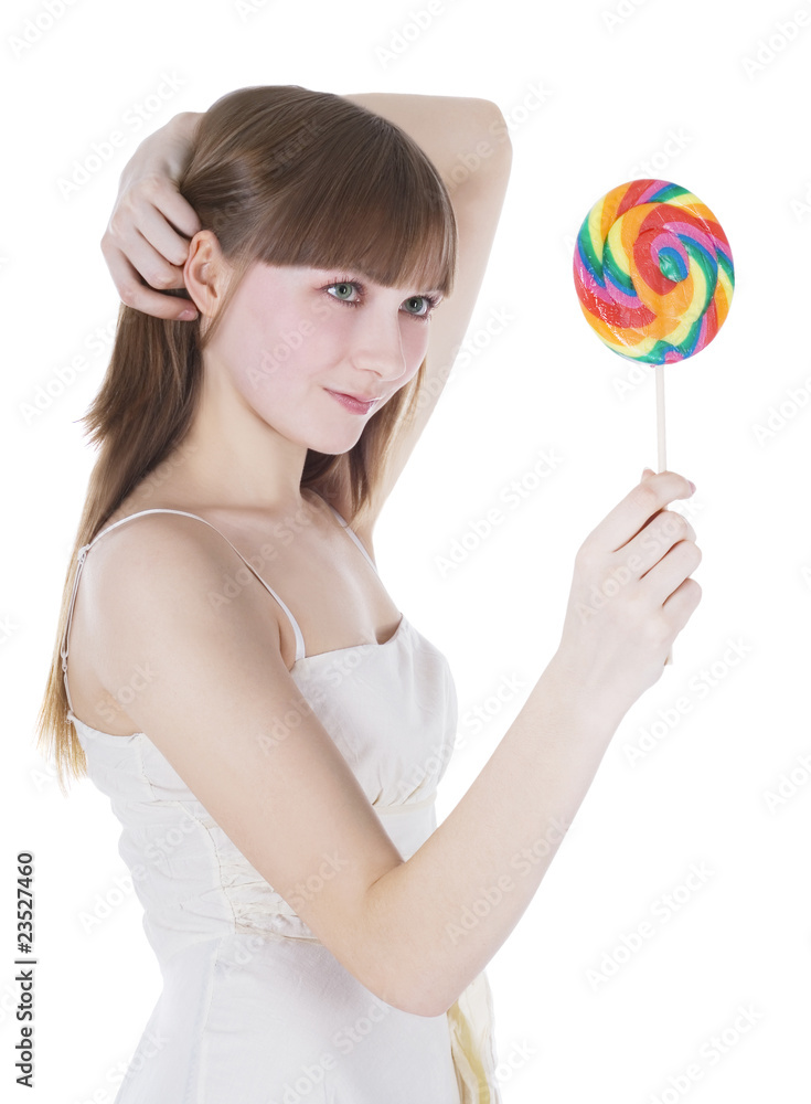 Bright picture of happy blonde with color lollipop