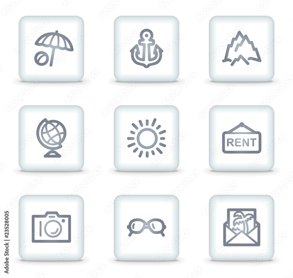 Travel web icons set 5, white square buttons Travel web icons set 5, white square buttons