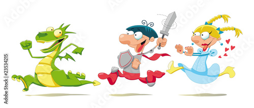 Dragon, Prince and Princess. Cartoon and vector scene.