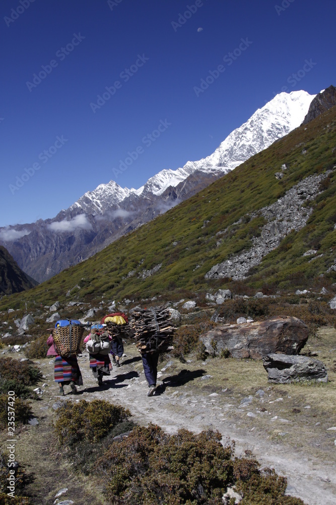 Porters carrying loads in the Langtang valley