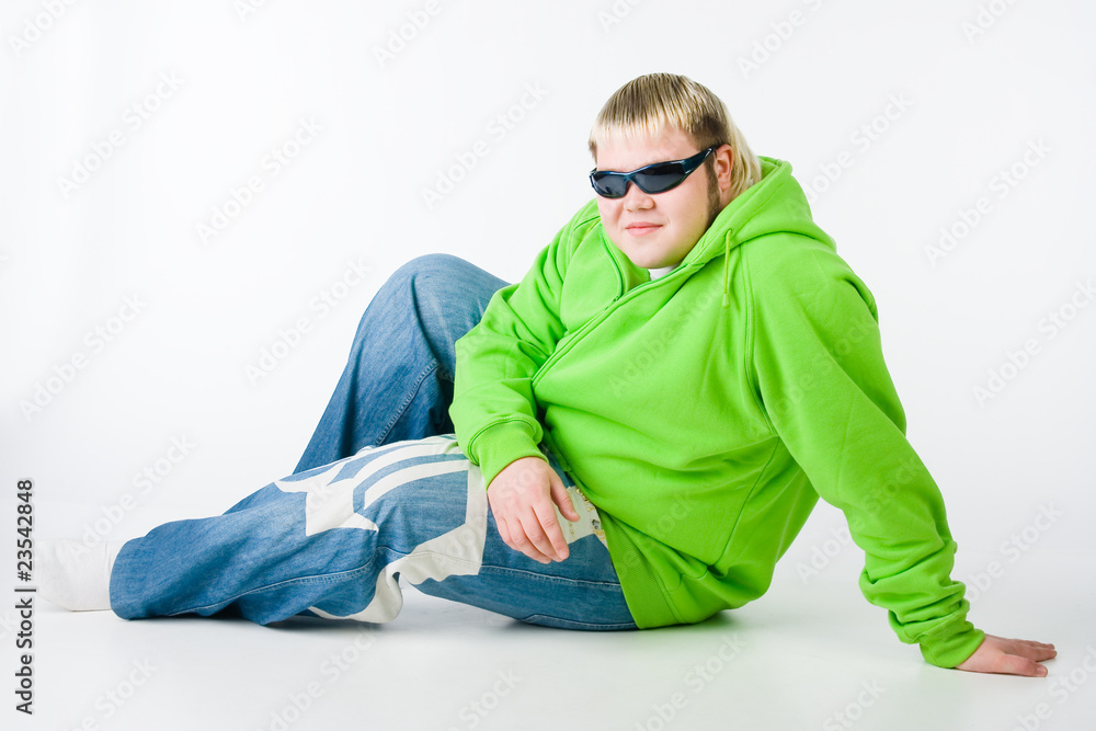 Big guy in a green shirt and jeans Big guy in a green shirt and jeans