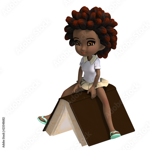 cute little cartoon school girl with curly hair is flying on a b photo