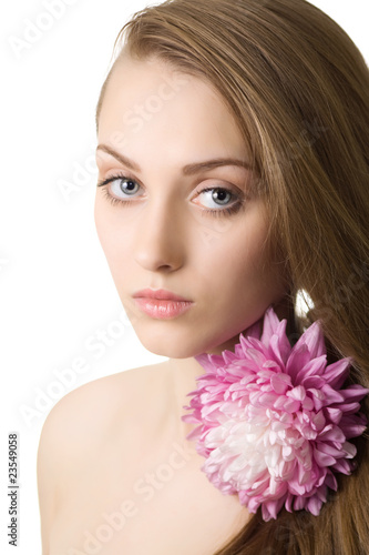 Portrait Beautiful woman with flower isolated