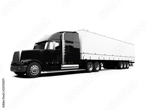 Black semi truck on white background photo